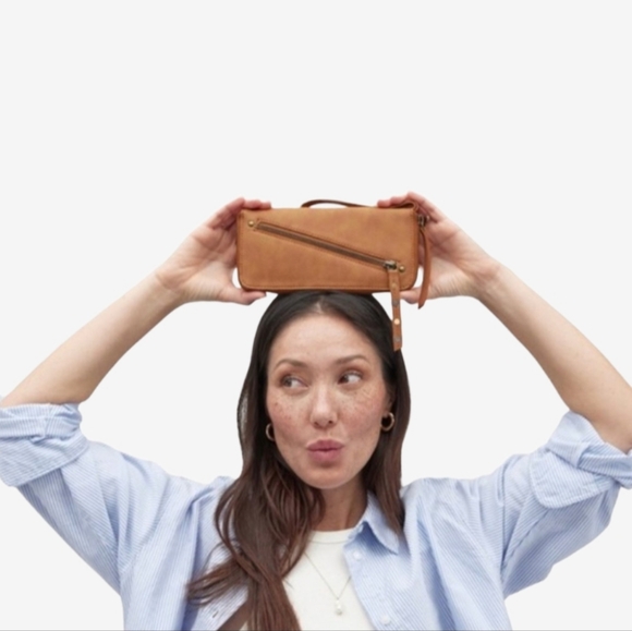 Free People Handbags - Free People Vegan Leather Zip Around Wallet Cognac Brown Wristlet NWT